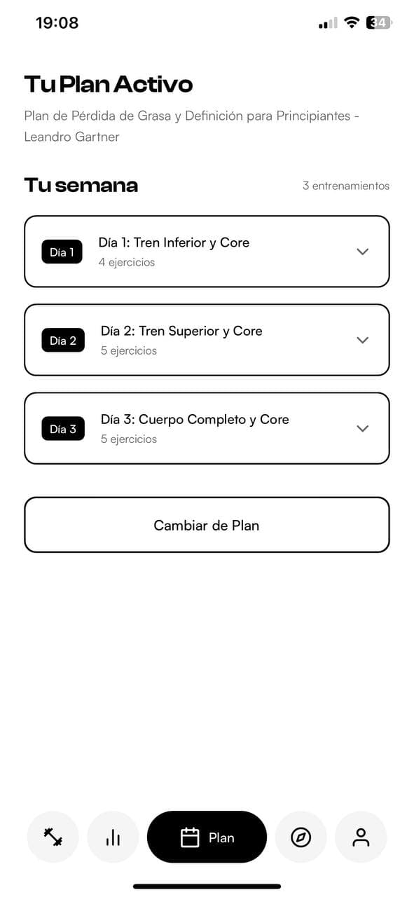GymLog screenshot - Plan semanal