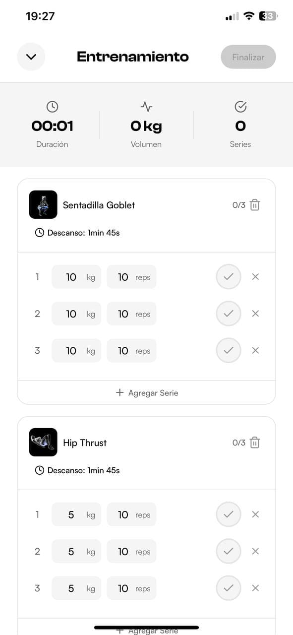 GymLog screenshot - Entrenamiento activo